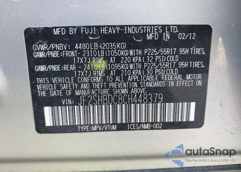 2012 Subaru Forester 2.5X Premium из США, поврежденный, VIN JF2SHBDC8CH448379